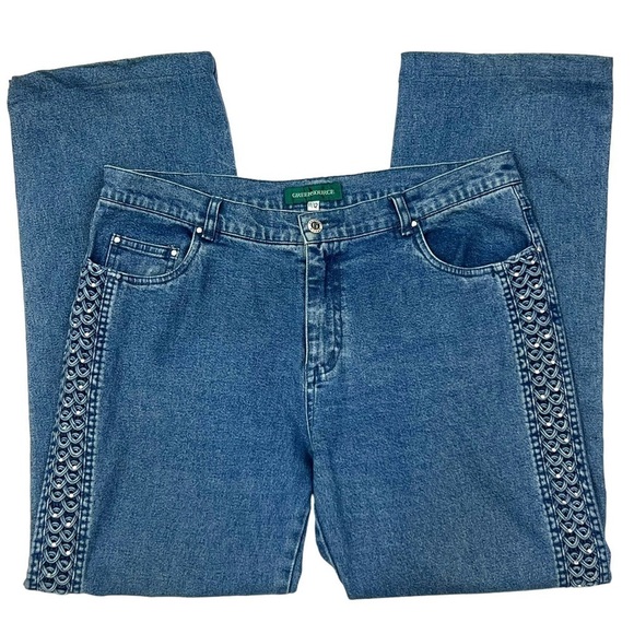 Woman’s Size 11/12 Wide Leg Jeans Rhinestone Mermaidcore Side Panel Medium Wash - Picture 1 of 11